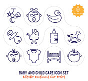 婴儿和儿童护理可编辑的连续线图标包