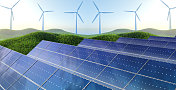 可再生能源，现代太阳能电池板和风力涡轮机