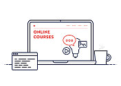 在线课程概念线笔记本电脑插图与可编辑的笔触。