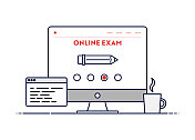 在线考试概念与线计算机插图与可编辑的笔画。