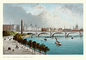 泰晤士河堤岸，向东看，维多利亚时代的伦敦地标，1890年代