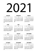 日历2021 -矢量插图。一周从周日开始