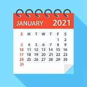 2021年1月-日历。一周从周日开始