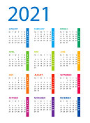 日历2021垂直彩色矢量插图。一周从周一开始