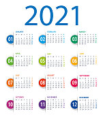 2021年日历模板。标记书签。下周一开始
