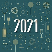 2021年的新年贺卡有烟花，五彩纸屑，气球
