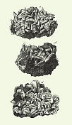 历史的年份，霰石和石灰石，矿物和它们的结晶形式雕刻古董插图，出版于1851年