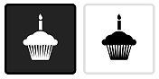 生日纸杯蛋糕图标上的黑色按钮与白色翻转