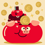 可爱的猪商人穿着西装，带着公文包和大礼帽，正在把欧盟货币(欧元标志硬币)放进一个大储蓄罐