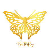 金色闪光蝴蝶装饰。贺卡和名片设计的设计元素。闪闪发光的蝴蝶与金色纹理。春假装饰设计元素。