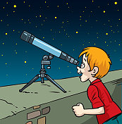 矢量插图的可爱的男孩看通过望远镜在星空
