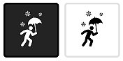 Stick Figure with an Umbrella in a snow storm在暴风雪中用黑色按钮与白色翻转的图标