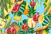 石榴，香蕉，柠檬，花和棕榈叶的异国背景