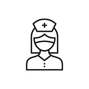 护士与面罩线图标。可编辑的中风。像素完美。移动和网络。