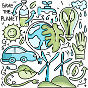生态和绿色能源相关的涂鸦设计