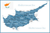 塞浦路斯的地图。矢量插图与地区和首都城市