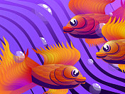抽象可爱的彩色简单插图-水族鱼。