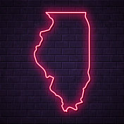伊利诺斯州地图-砖墙背景上发光的霓虹灯