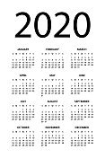 日历2020 -简单布局插图。一周从周日开始。2020年日历