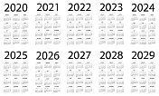 日历2020 2021 2022 2023 2024 2025 206 2027 2028 2029 -简单布局插图。一周从周日开始。日历设定为2020年、2021年、2022年、2023年、2024年、2025年、2026年、2027年、2028年、2029年