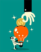 大手客户把韩币放进一个大创意灯泡，由一个微笑的创意商人提供;投资你的想法;用你已有的知识谋生;把你的想象力变成金钱