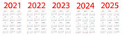 日历2021 2022 2023 2024 2025 -简单布局插图。一周从周日开始。日历设定为2021年、2022年、2023年、2024年、2025年