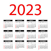 日历2023 -简单布局插图。一周从周日开始。日历设定为2023年