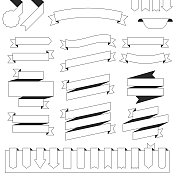 一套丝带，横幅(轮廓，线条艺术)-设计元素在白色的背景