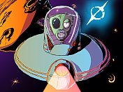 手绘卡通未来主义插图-外星人在一个飞碟