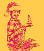 女人戴着圣诞帽，拿着大麻和CBD油的礼物