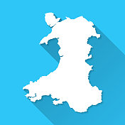 威尔士地图与长阴影在蓝色的背景-平面设计