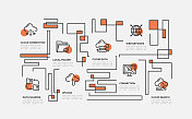 信息图表设计模板。云连接，本地文件夹，云数据，网络，数据共享，上传，连接，云搜索图标8个选项或步骤。