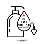 Covid-19警告信号。请使用洗手液。新型冠状病毒疾病概念设计库存插图。Covid-19矢量模板