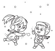 黑和白，两个孩子在玩扔雪球
