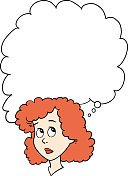 思考的女人看着空白的思想泡泡 思考的女人看着空白的思想泡泡