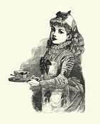 维多利亚时代的年轻女侍，端着茶杯的女侍，十九世纪八十年代