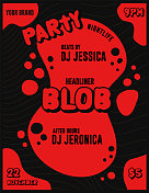 Blob夜总会派对DJ或音乐家阵容活动海报和传单模板与黑色背景上的红色飞溅
