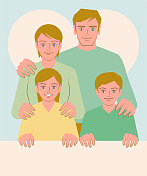 微笑的美丽的年轻家庭和两个孩子举着一个空白的标志 微笑的美丽的年轻家庭和两个孩子举着一个空白的标志