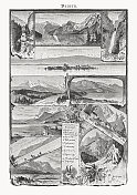 德国巴伐利亚风景的历史观点，木刻，1893年出版
