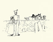 一对年轻夫妇看着牧师骑马离去，维多利亚