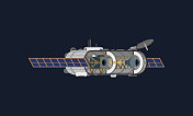 在太空中运行的大型太空望远镜剖面图，分析宇宙并拍摄待研究的重要图片和数据。内部硬件和科学组件可见。