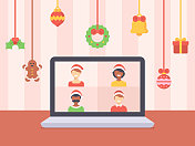 年轻人在家里用网络摄像头和在线会议庆祝圣诞节。