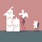 两个商人正在用箭头符号做拼图。 两个商人正在用箭头符号做拼图。