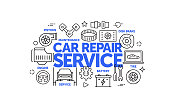 汽车服务和修理店相关的网页横幅线条风格。现代线性设计矢量插图的网站横幅,网站标题等。 汽车服务和修理店相关的网页横幅线条风格。现代线性设计矢量插图的网站横幅,网站标题等。
