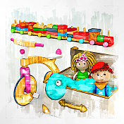 女孩玩具三轮车，玩具箱和玩具火车素描用记号笔