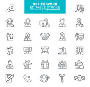 办公室工作图标。可编辑的中风。包含诸如办公桌，咖啡，文件，消息，通信等图标