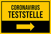 德语文本刻字。Covid-19测试。警告安全标志库存说明。冠状病毒或Covid-19载体模板