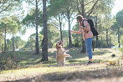 旅行女人和金毛猎犬。