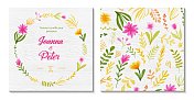 婚礼邀请卡设计与手绘水彩春天花与白木背景。婚礼概念，设计元素。