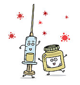 卡通注射器和冠状病毒